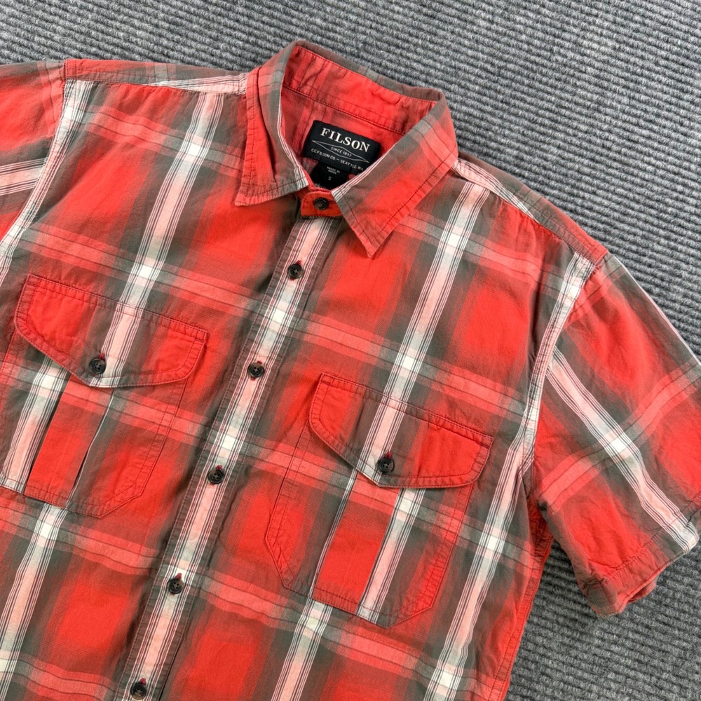Filson Red Plaid Short Sleeve Cotton Button Down Shirt Mens Small Outdoors